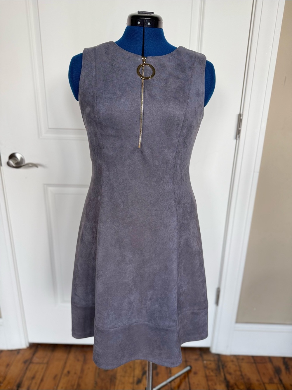 DKNY Grey Faux-Suede Fit & Flare Dress with O-Ring Zip